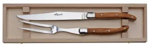 (D) Laguiole Flatware, France Jean Dubost Olive Wood Carving Set in Box, Vintage