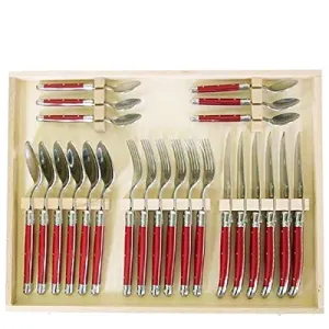 (D) Laguiole Flatware Hand Made Set with Red Handles in Clasp Box 24-pc, Vintage