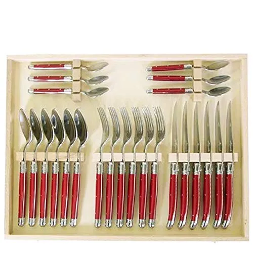 (D) Laguiole Flatware Hand Made Set with Red Handles in Clasp Box 24-pc, Vintage
