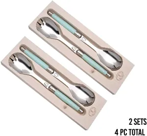 (D) Laguiole Flatware, Jean Dubost Salad Servers in a Tray 2-p 2 PACK (Blue)