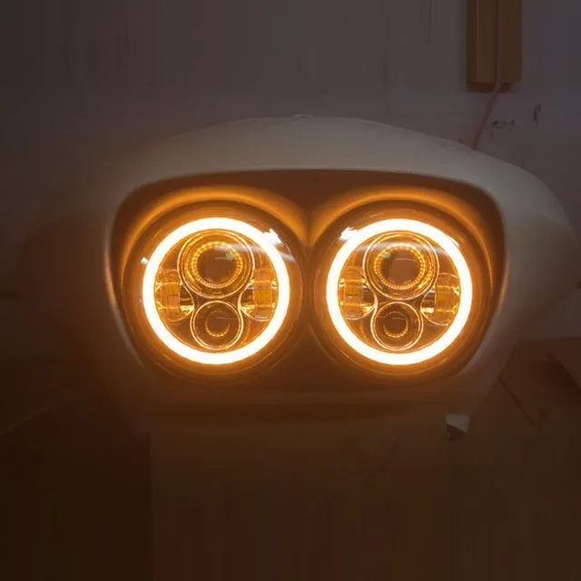 DUAL 7" DAYMAKER 2014 - 2018   ORANGE HALO LED Replacement ROAD GLIDE Chrome Light Bulb Headlight Harley   Bezel