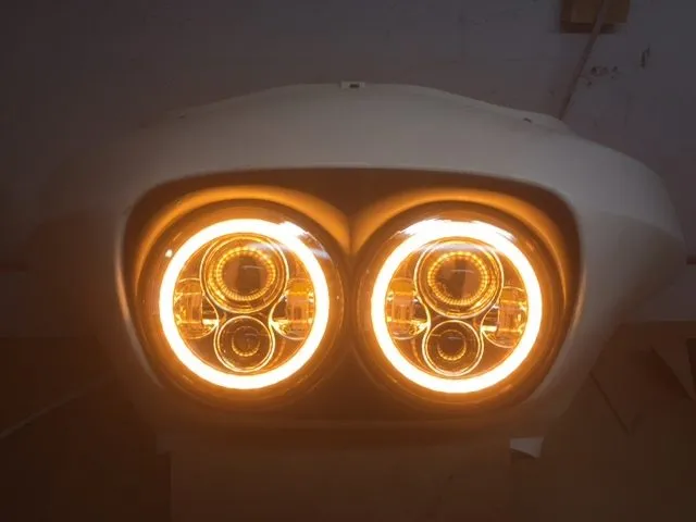 DUAL 7" DAYMAKER 2014 - 2018   ORANGE HALO LED Replacement ROAD GLIDE Chrome Light Bulb Headlight Harley   Bezel
