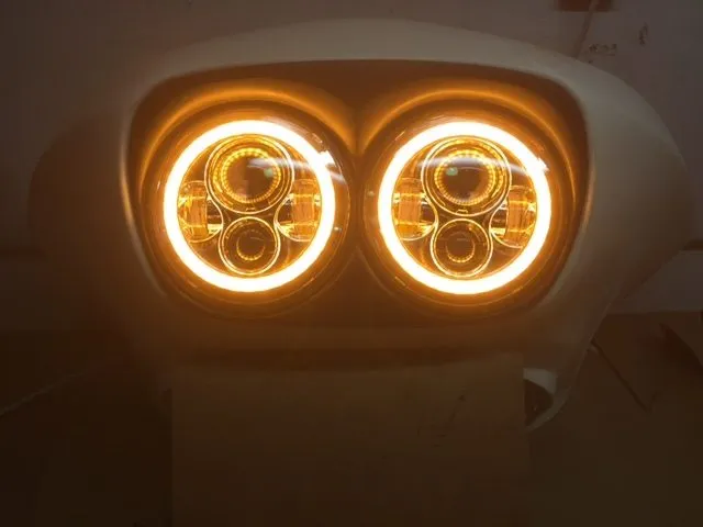 DUAL 7" DAYMAKER 2014 - 2018   ORANGE HALO LED Replacement ROAD GLIDE Chrome Light Bulb Headlight Harley   Bezel