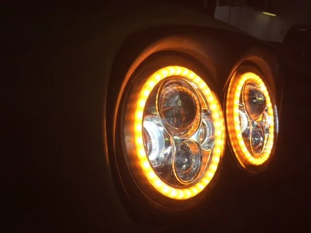 DUAL 7" DAYMAKER 2014 - 2018   ORANGE HALO LED Replacement ROAD GLIDE Chrome Light Bulb Headlight Harley   Bezel