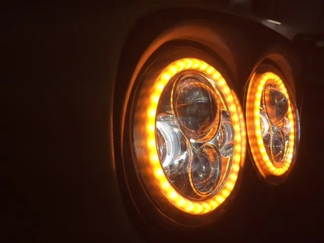 DUAL 7" DAYMAKER 2014 - 2018   ORANGE HALO LED Replacement ROAD GLIDE Chrome Light Bulb Headlight Harley   Bezel