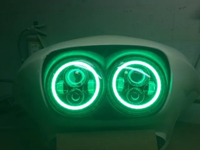DUAL 7" DAYMAKER 2014 - 2019 GREEN HALO LED Replacement ROAD GLIDE Chrome Light Bulb Headlight Harley  Bezel
