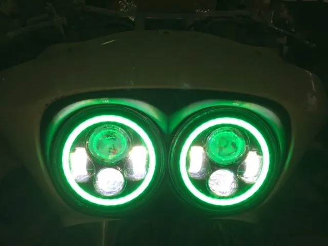 DUAL 7" DAYMAKER 2014 - 2019 GREEN HALO LED Replacement ROAD GLIDE Chrome Light Bulb Headlight Harley  Bezel