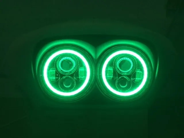 DUAL 7" DAYMAKER 2014 - 2019 GREEN HALO LED Replacement ROAD GLIDE Chrome Light Bulb Headlight Harley  Bezel
