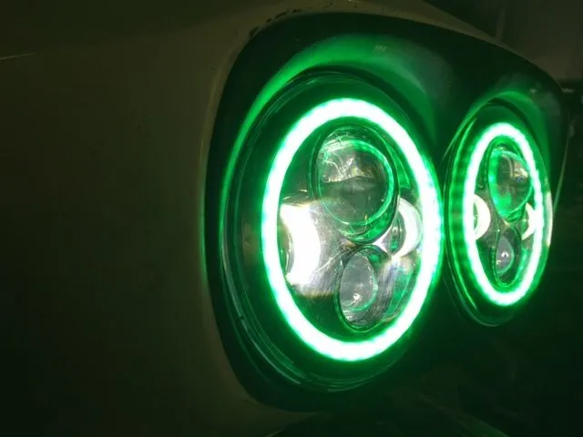 DUAL 7" DAYMAKER 2014 - 2019 GREEN HALO LED Replacement ROAD GLIDE Chrome Light Bulb Headlight Harley  Bezel
