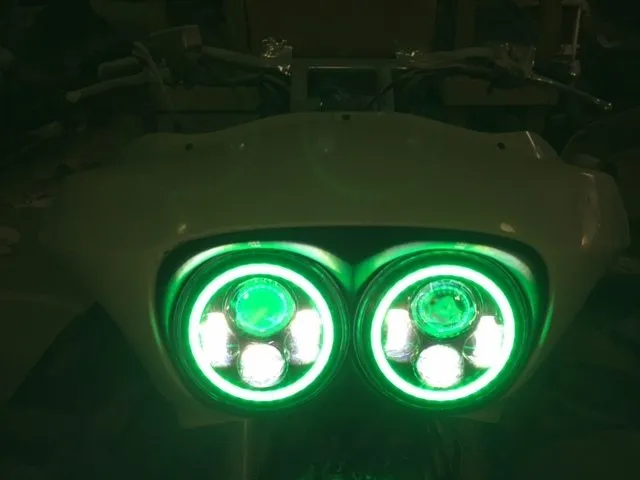 DUAL 7" DAYMAKER 2014 - 2019 GREEN HALO LED Replacement ROAD GLIDE Chrome Light Bulb Headlight Harley  Bezel