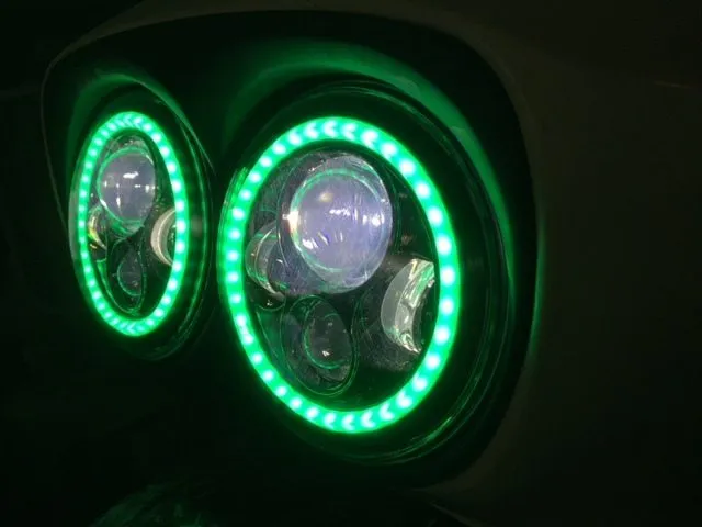 DUAL 7" DAYMAKER 2014 - 2019 GREEN HALO LED Replacement ROAD GLIDE Chrome Light Bulb Headlight Harley  Bezel