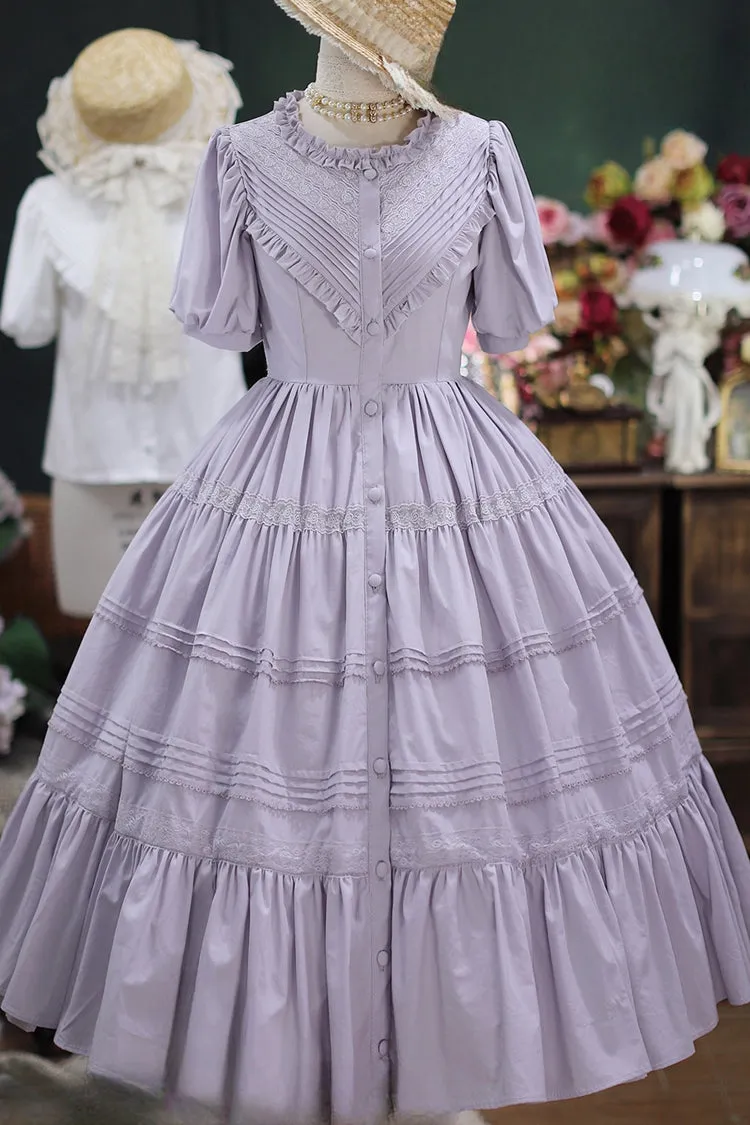 Elegant Cardigan Round Neck Short Sleeves Ruffle One Piece Sweet Lolita Dress 8 Colors