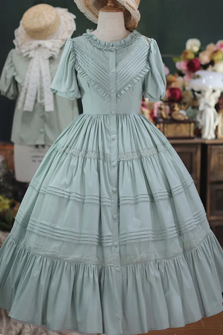 Elegant Cardigan Round Neck Short Sleeves Ruffle One Piece Sweet Lolita Dress 8 Colors