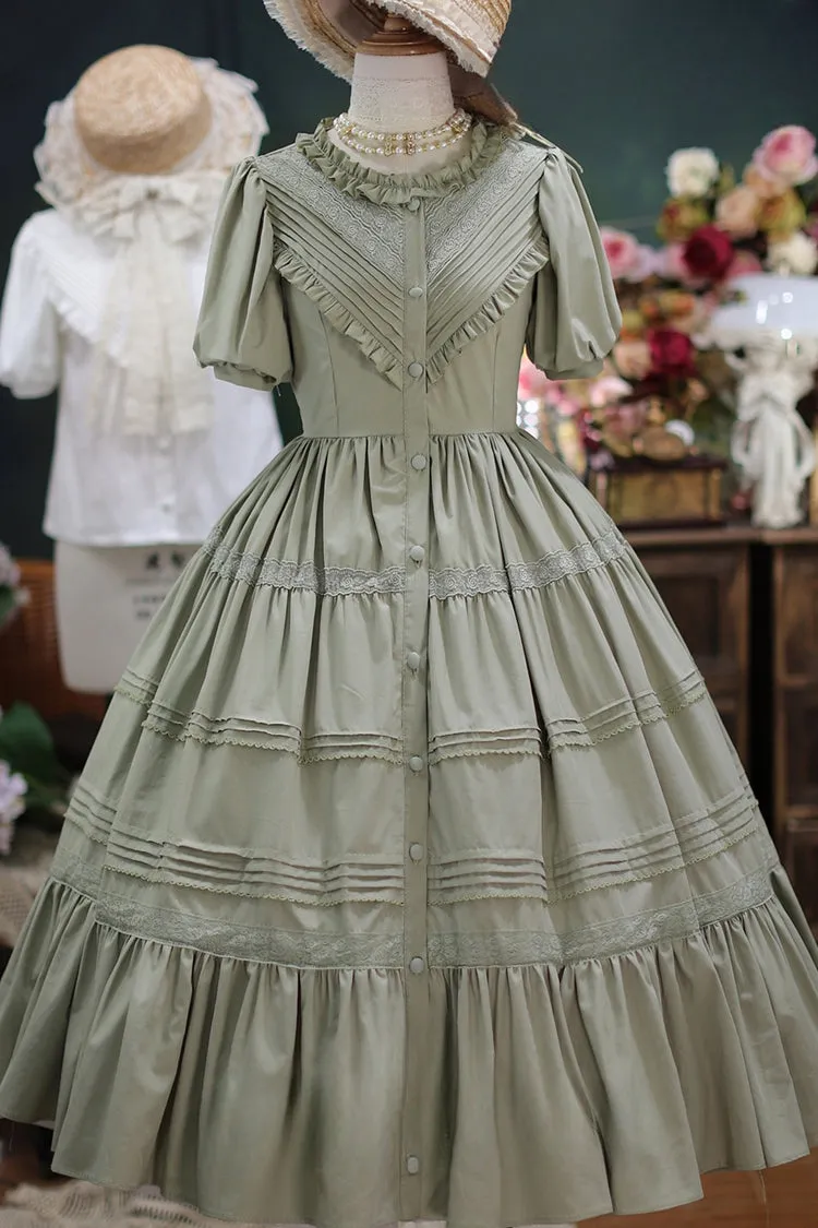Elegant Cardigan Round Neck Short Sleeves Ruffle One Piece Sweet Lolita Dress 8 Colors