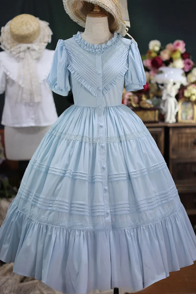 Elegant Cardigan Round Neck Short Sleeves Ruffle One Piece Sweet Lolita Dress 8 Colors