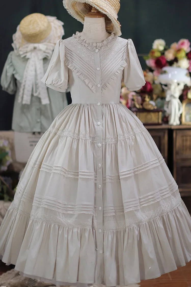 Elegant Cardigan Round Neck Short Sleeves Ruffle One Piece Sweet Lolita Dress 8 Colors