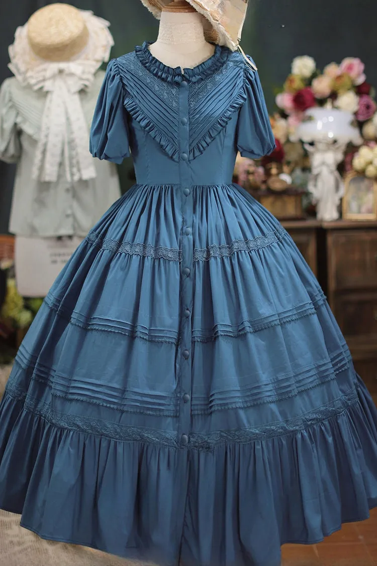 Elegant Cardigan Round Neck Short Sleeves Ruffle One Piece Sweet Lolita Dress 8 Colors