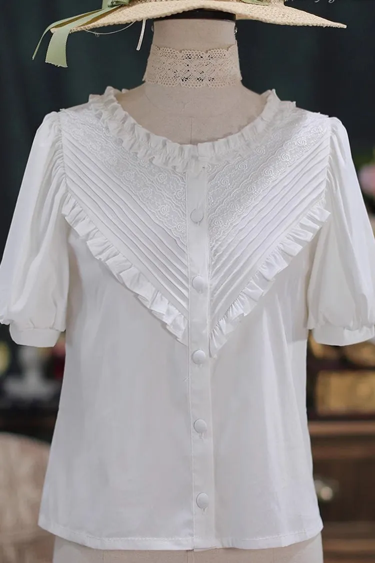 Elegant Short Sleeves Lace Round Neck Waves Dream Sweet Lolita Blouse 4 Colors