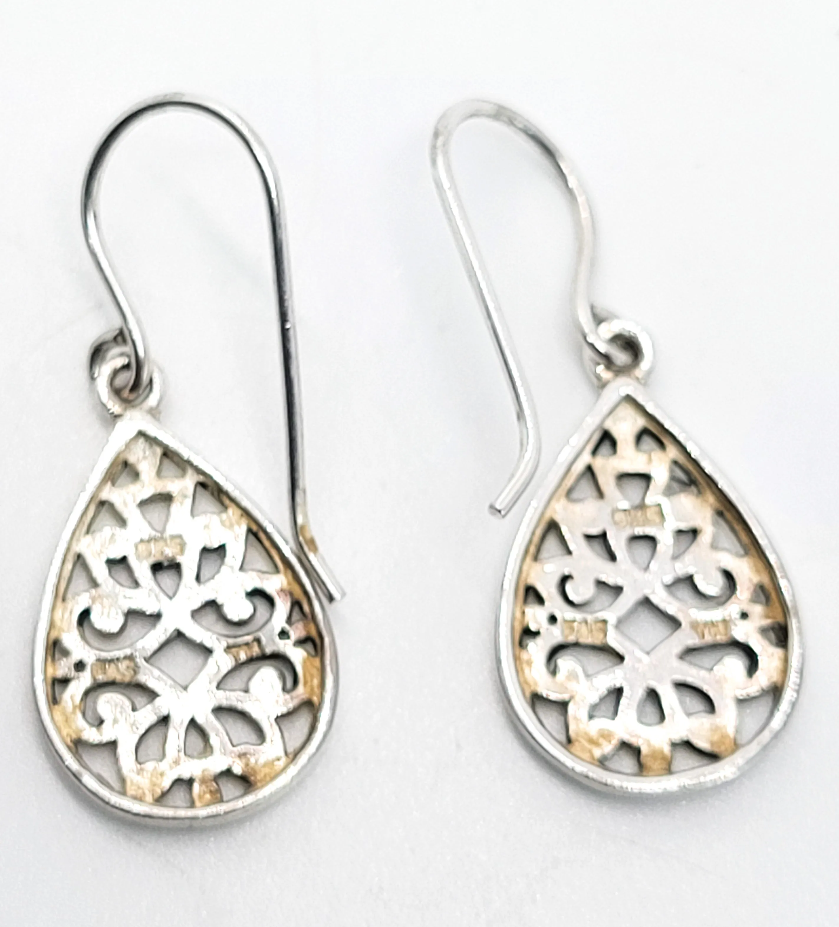 FAS open work filigree teardrop pendant vintage sterling silver earrings