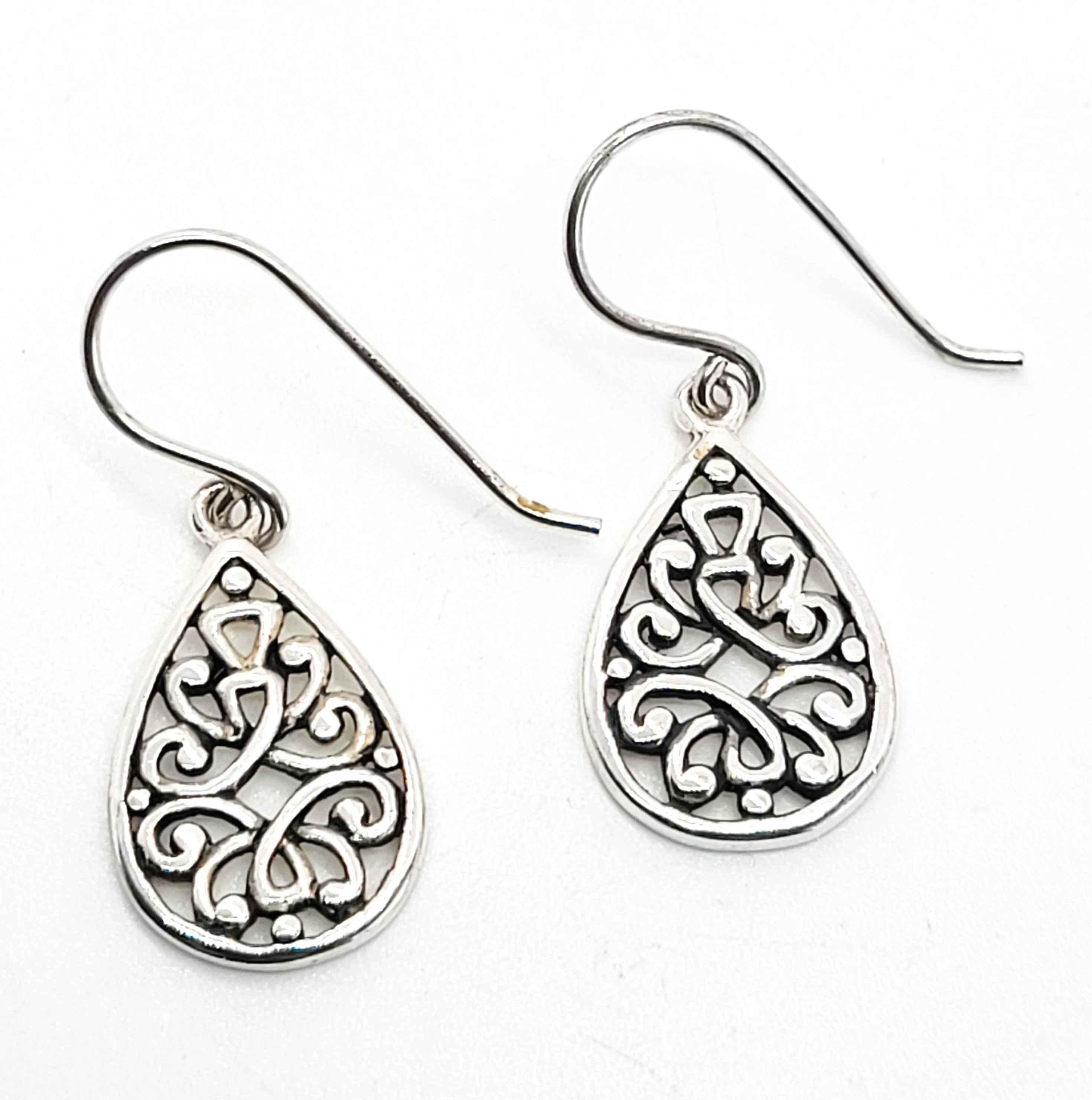 FAS open work filigree teardrop pendant vintage sterling silver earrings