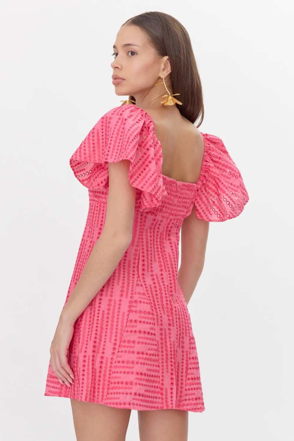 Genevieve Cotton Embroidered Flutter Sleeve Mini Dress