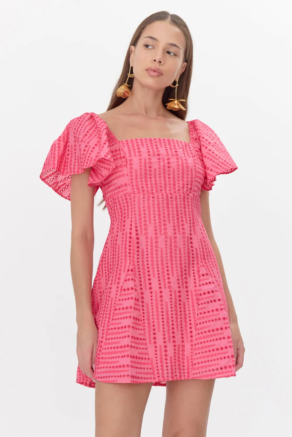 Genevieve Cotton Embroidered Flutter Sleeve Mini Dress