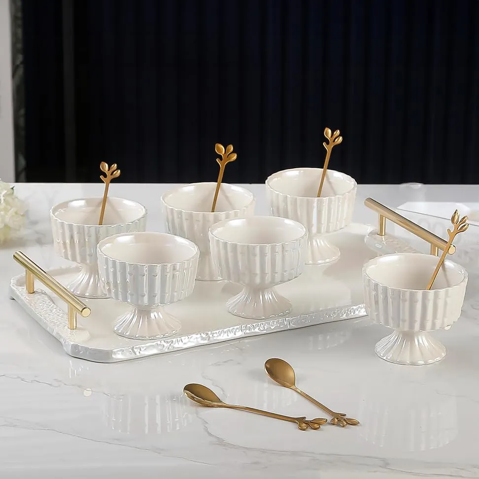 Gifts Plaza (D) Dessert Bowls Porcelain Mugs with Coordinating Tray (Pearl)