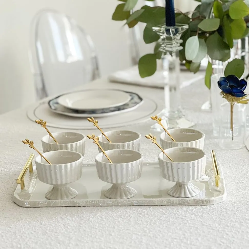 Gifts Plaza (D) Dessert Bowls Porcelain Mugs with Coordinating Tray (Pearl)