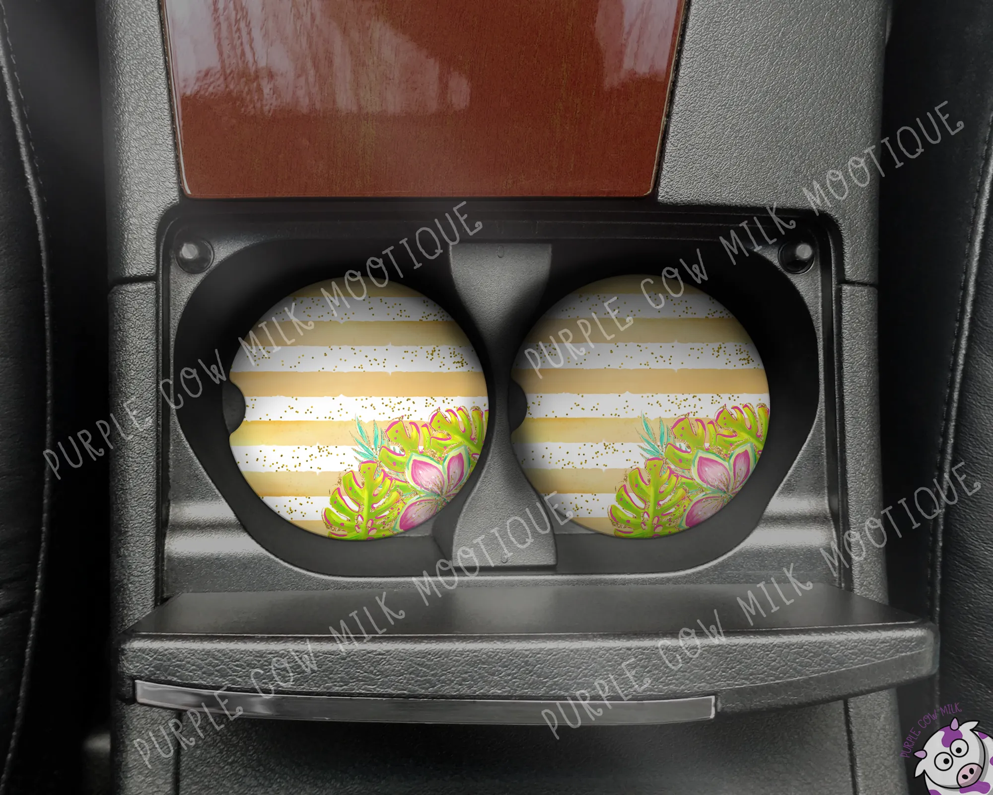 Gold Summer Flowers Neoprene Car Coasters (set of 2)