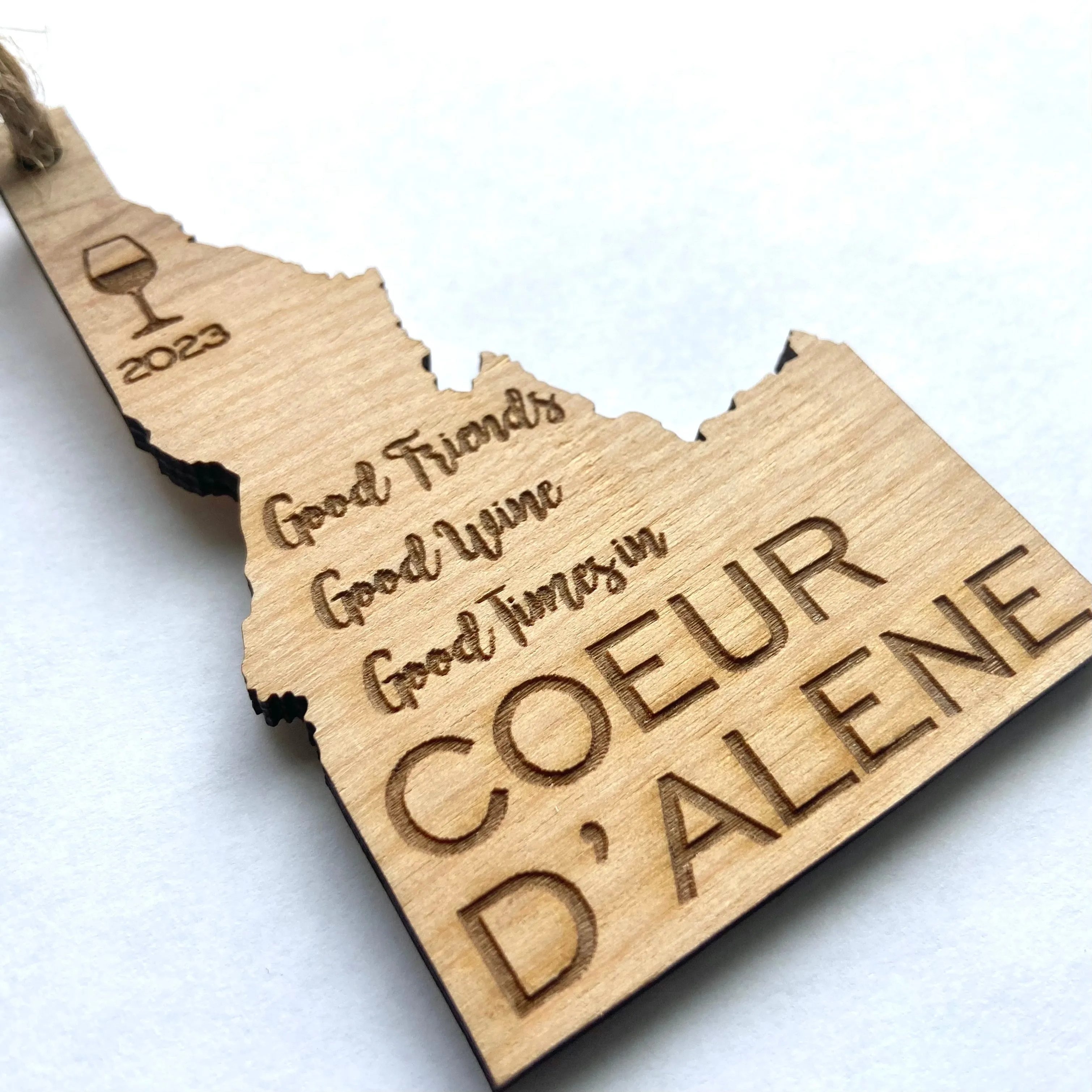 Good Friends, Good Wine, Good Times in Coeur d’Alene Idaho Wood Christmas Ornament