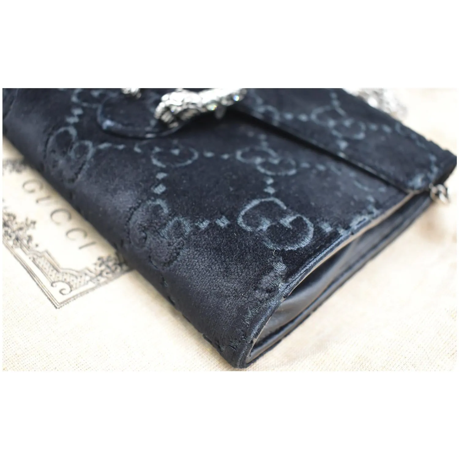 GUCCI Dionysus Mini Velvet GG Monogram Chain Wallet Dark Blue 401231