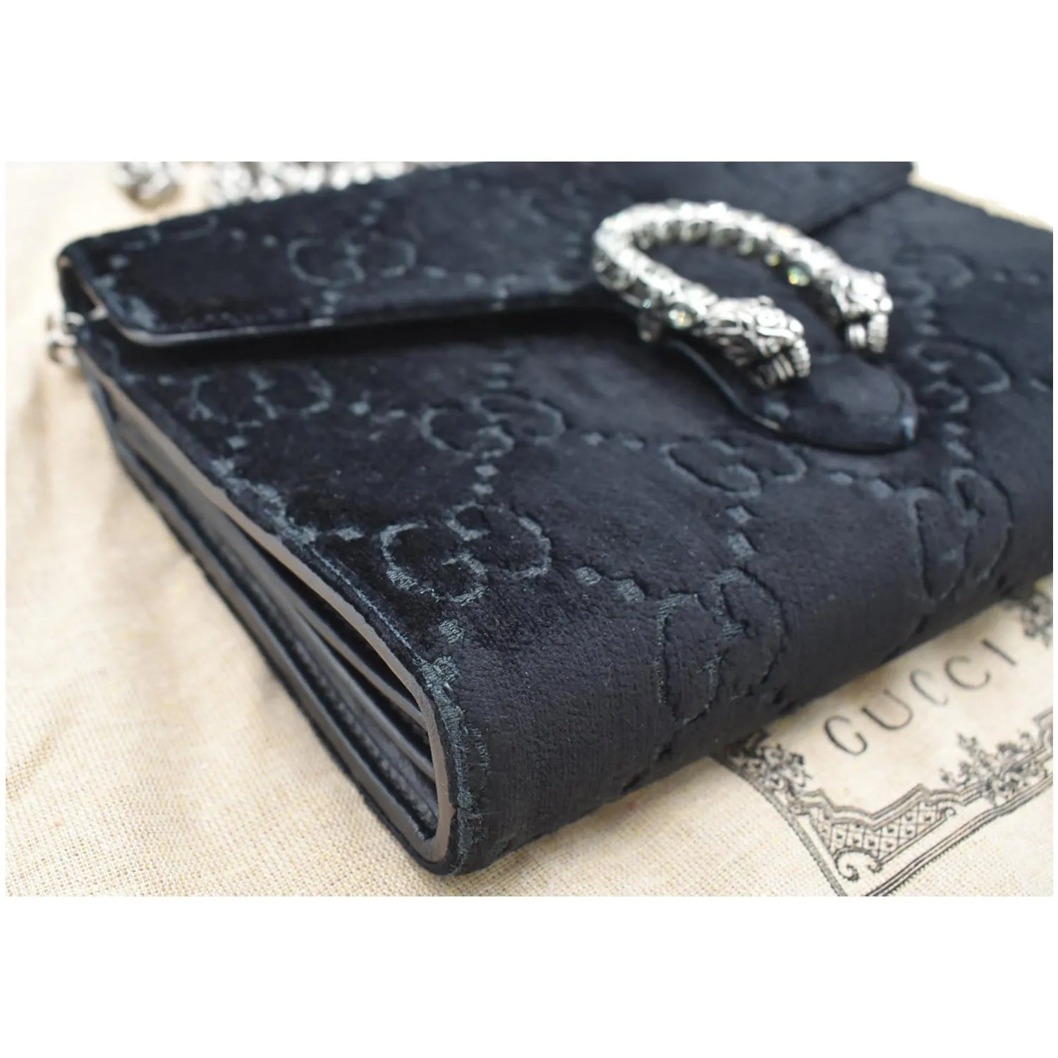 GUCCI Dionysus Mini Velvet GG Monogram Chain Wallet Dark Blue 401231