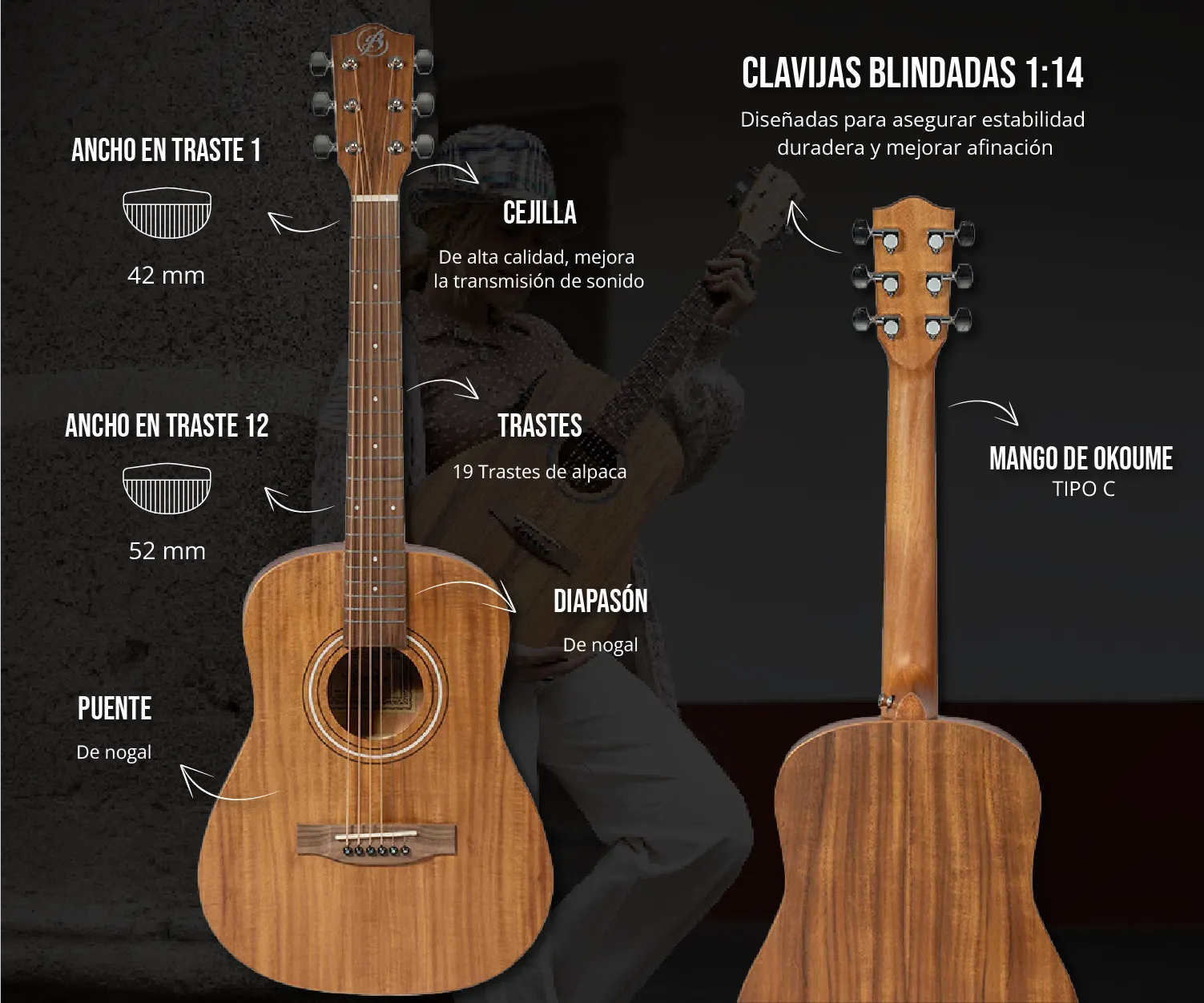 Guitarra Acustica Travel Koa 34" - Incluye Funda Acolchada