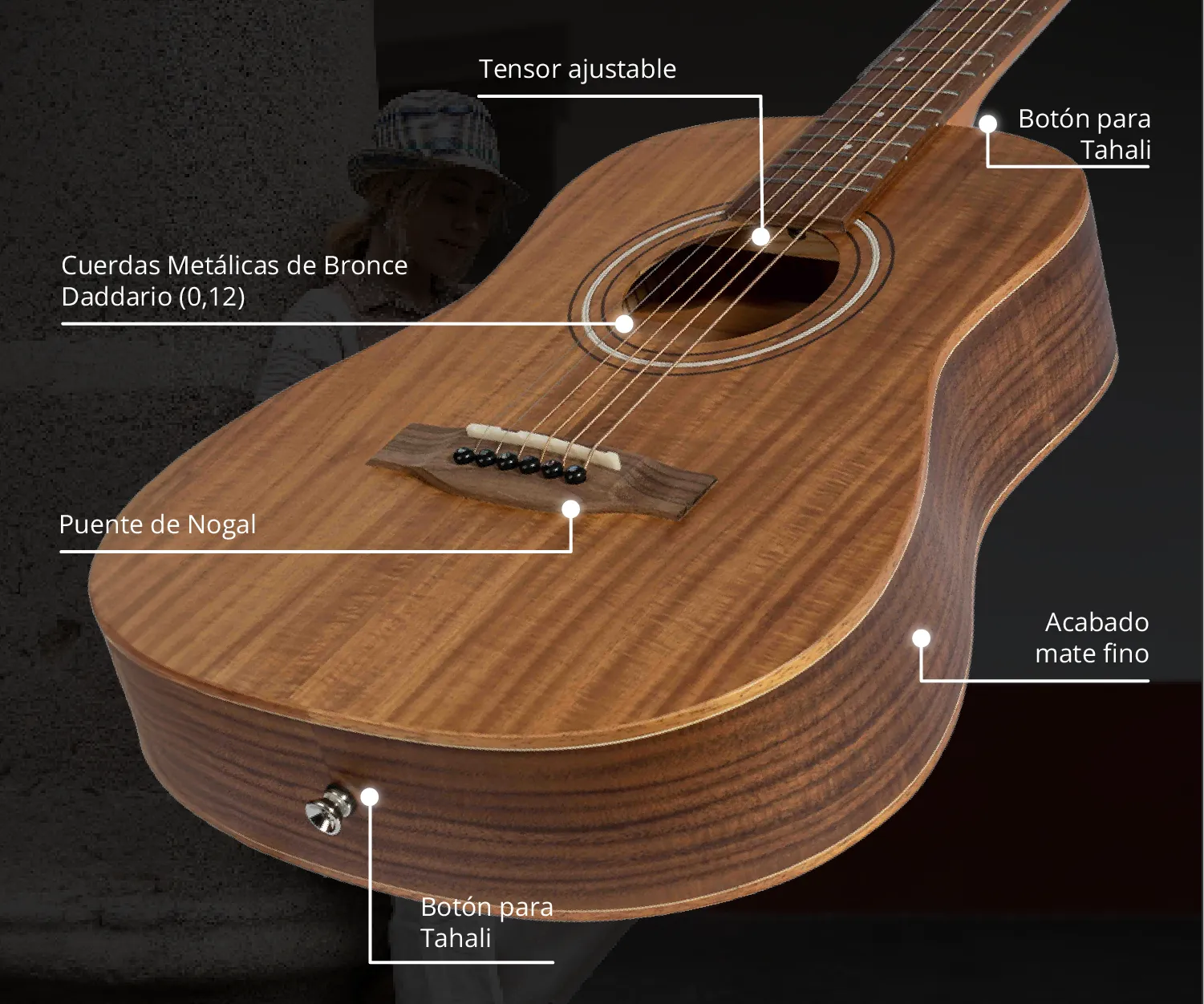 Guitarra Acustica Travel Koa 34" - Incluye Funda Acolchada