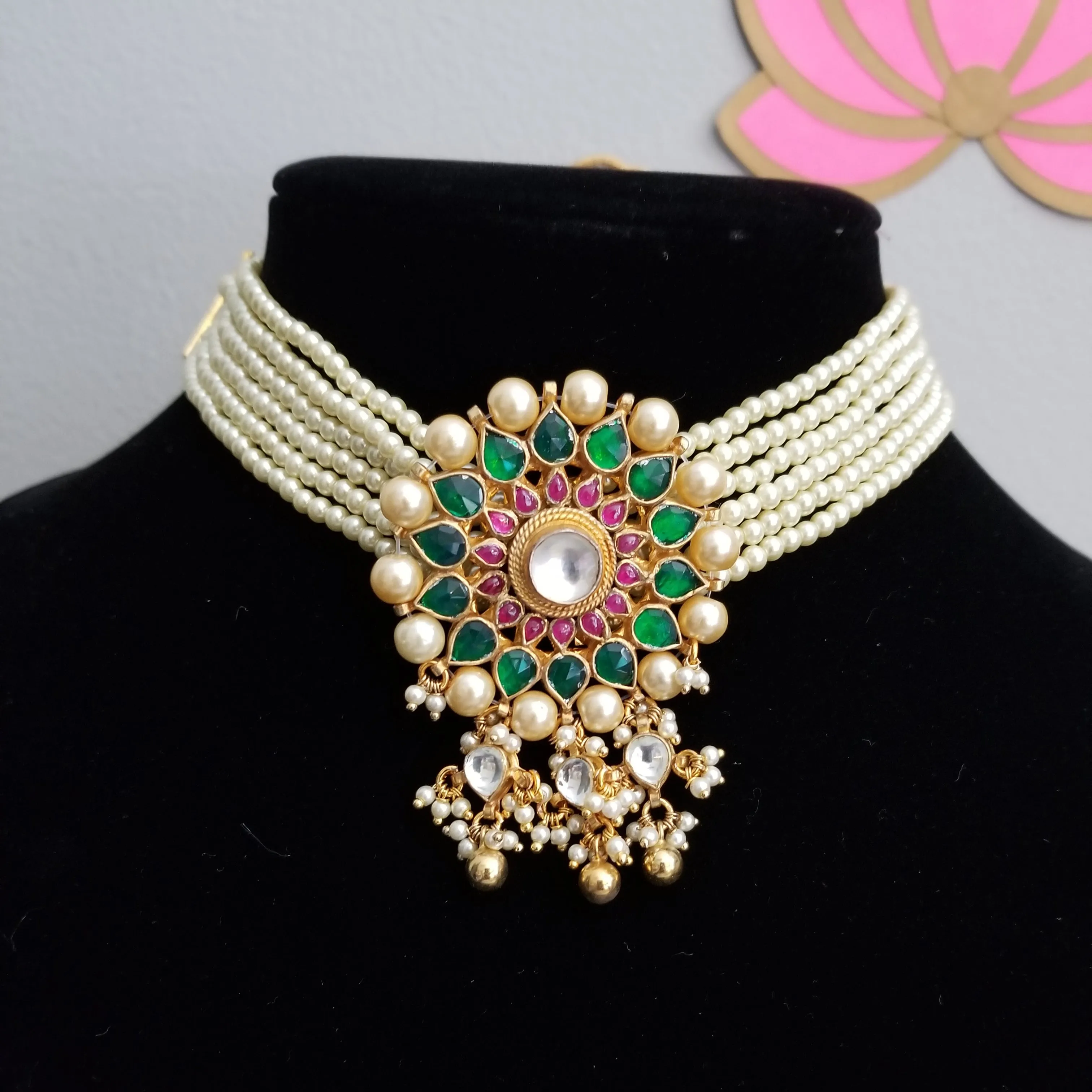 Hard Gold Plated Kundan Beads Necklace Set FL28