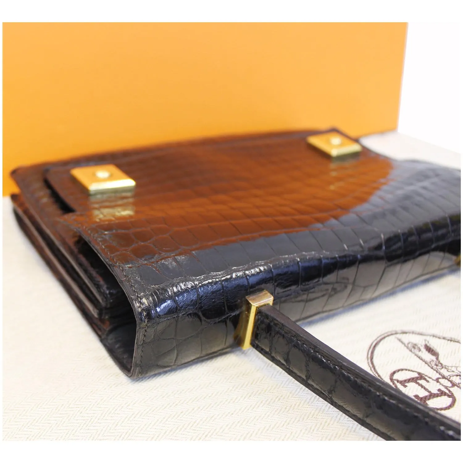 HERMES Piano 25Cm Crocodile Leather Flap Bag Black