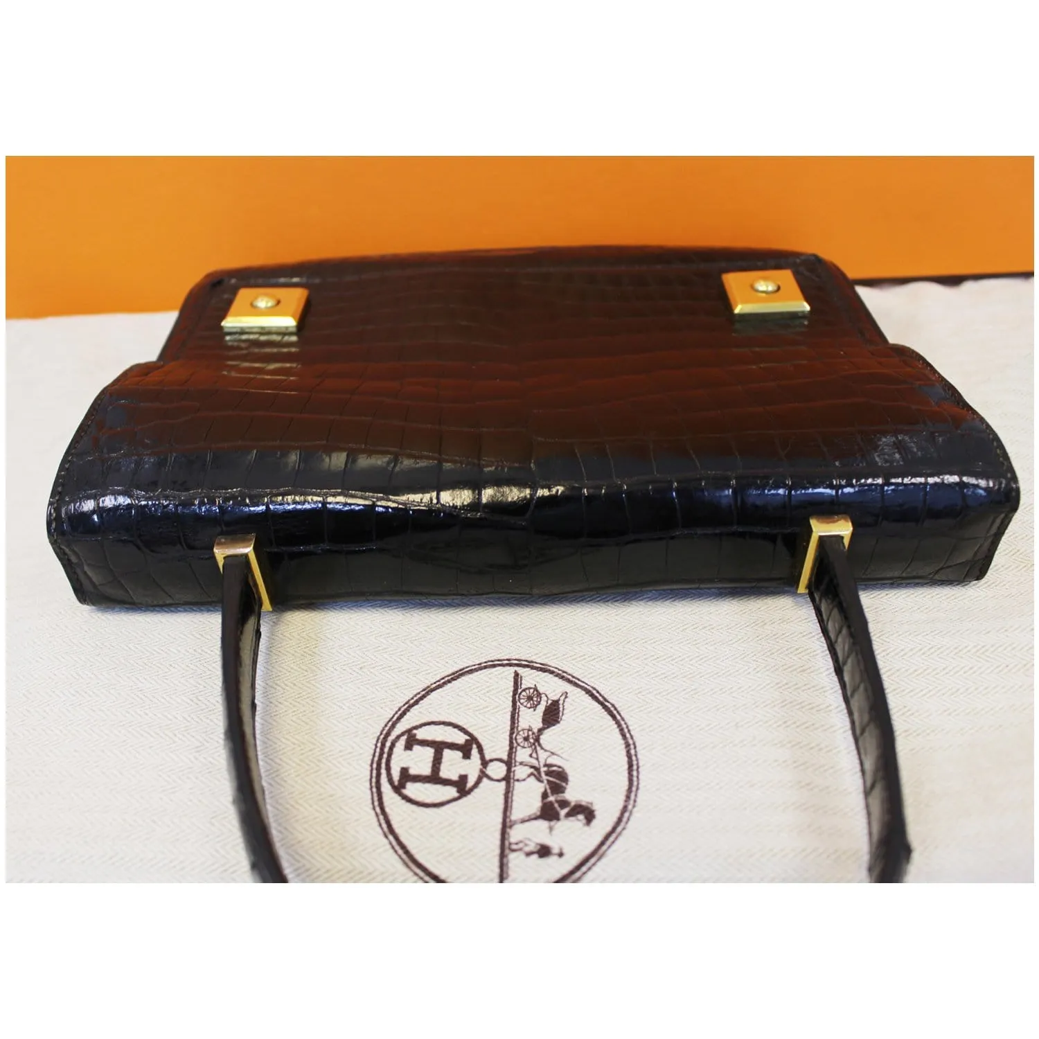 HERMES Piano 25Cm Crocodile Leather Flap Bag Black