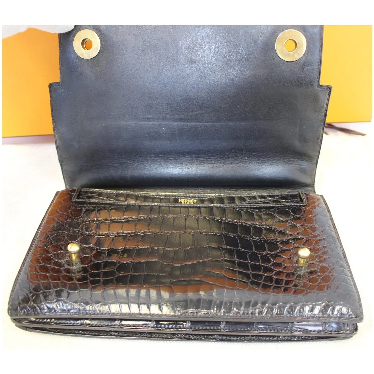 HERMES Piano 25Cm Crocodile Leather Flap Bag Black