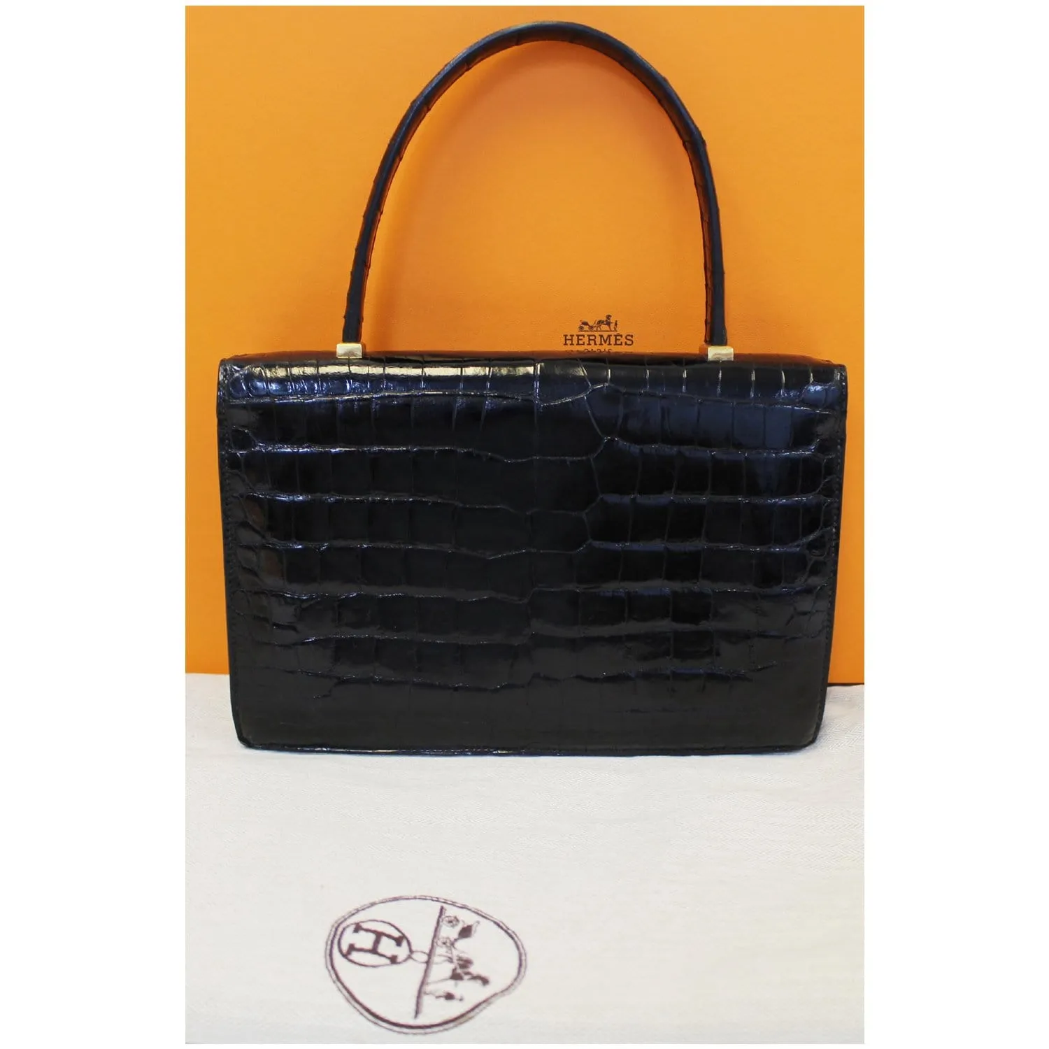 HERMES Piano 25Cm Crocodile Leather Flap Bag Black