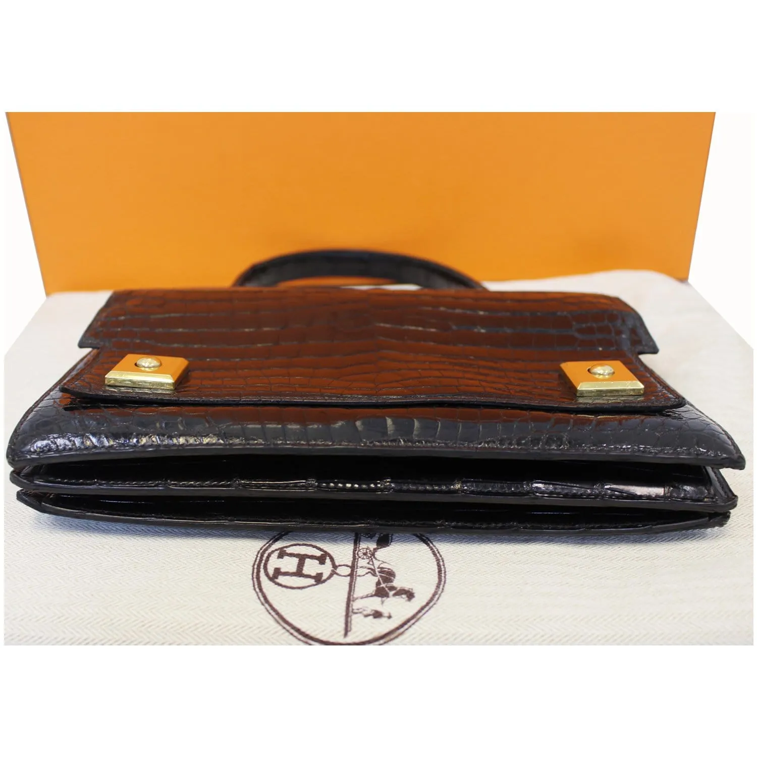 HERMES Piano 25Cm Crocodile Leather Flap Bag Black