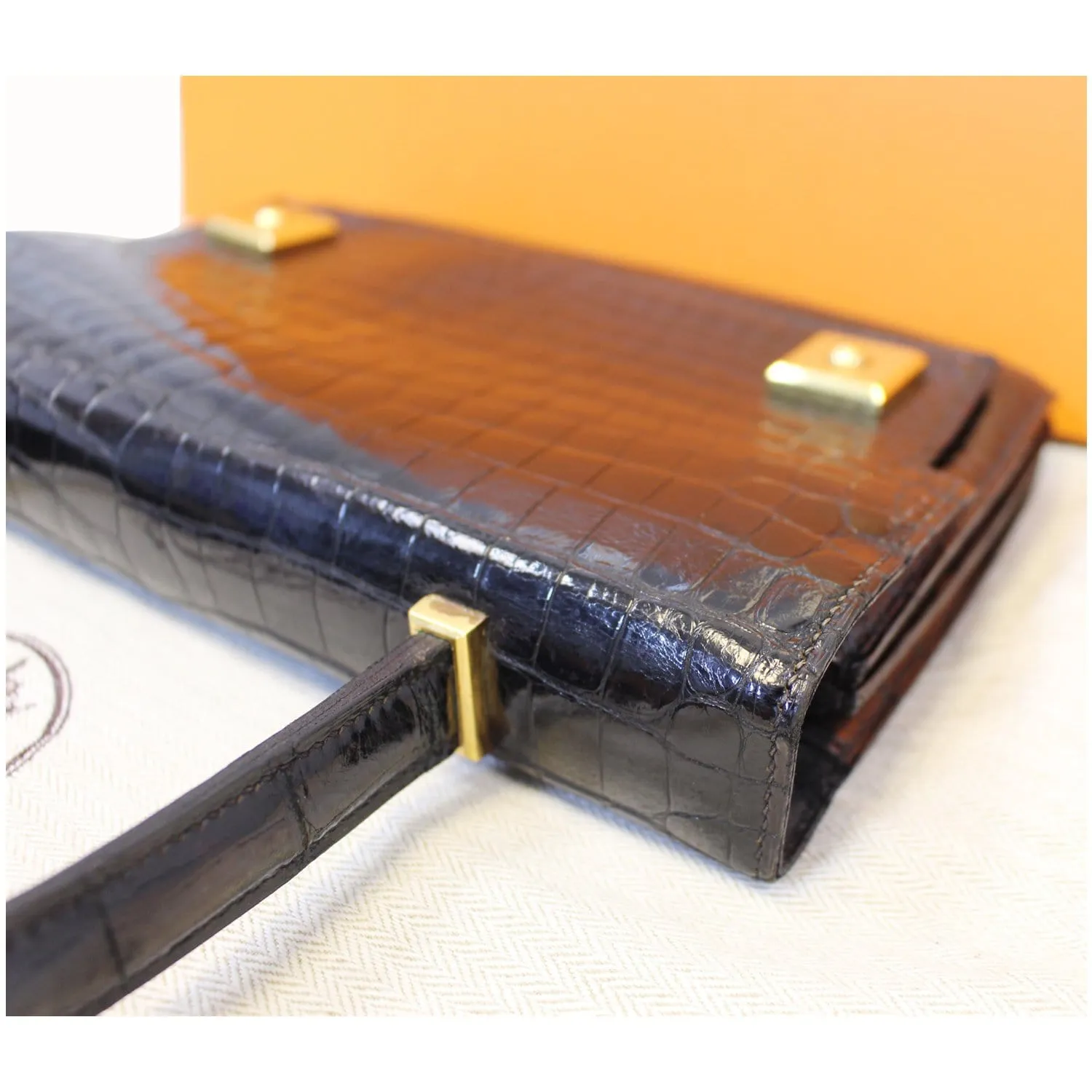 HERMES Piano 25Cm Crocodile Leather Flap Bag Black