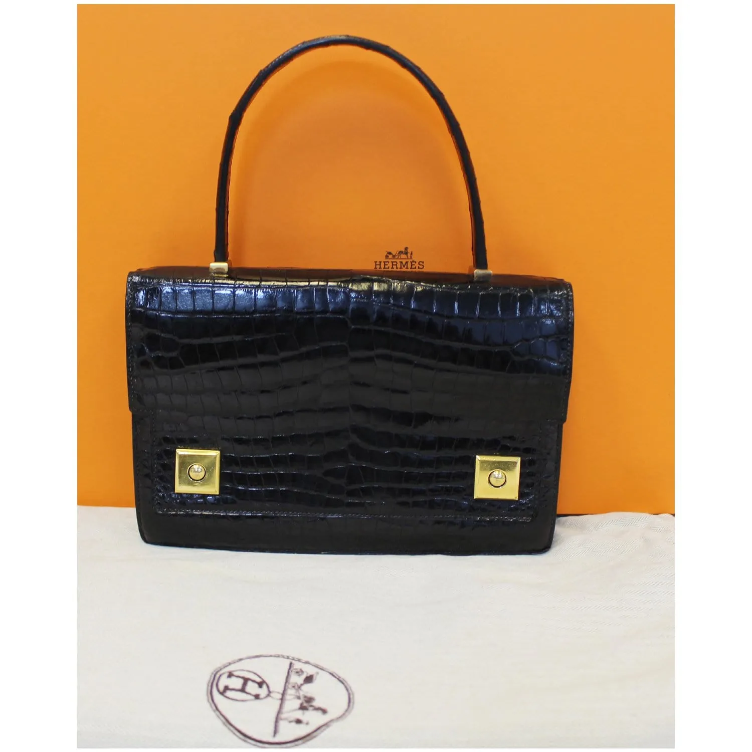 HERMES Piano 25Cm Crocodile Leather Flap Bag Black
