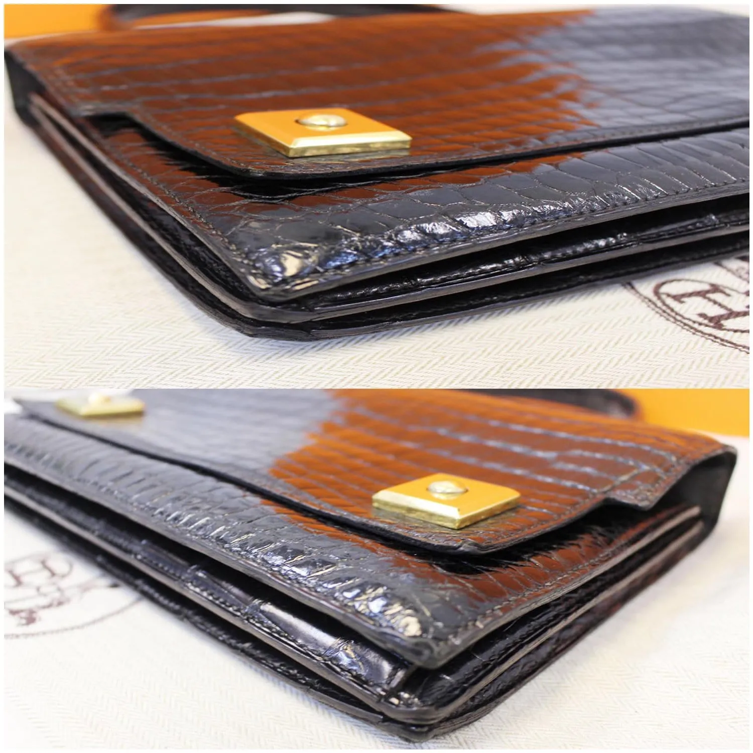 HERMES Piano 25Cm Crocodile Leather Flap Bag Black