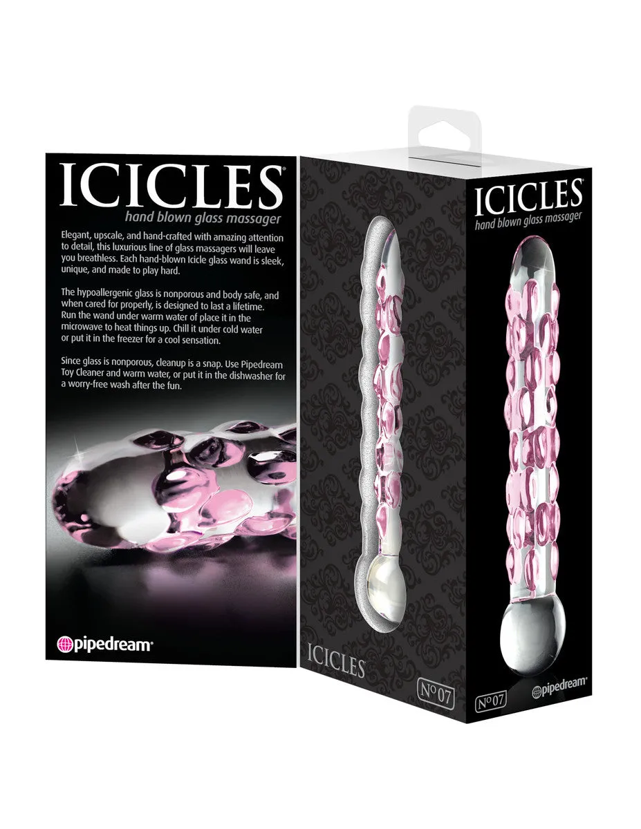 Icicles No. 7  - Clear/Pink Textured GLASS DILDO