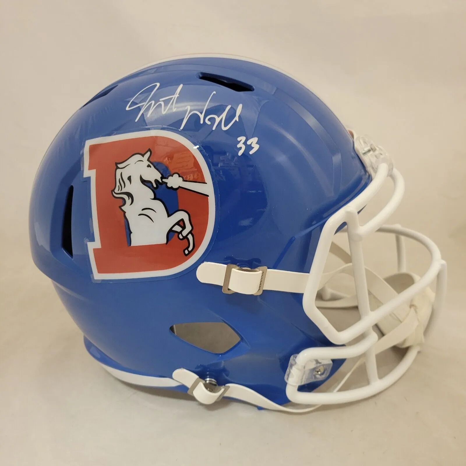 JAVONTE WILLIAMS SIGNED DENVER BRONCOS THROWBACK SPEED REPLICA HELMET BECKETT