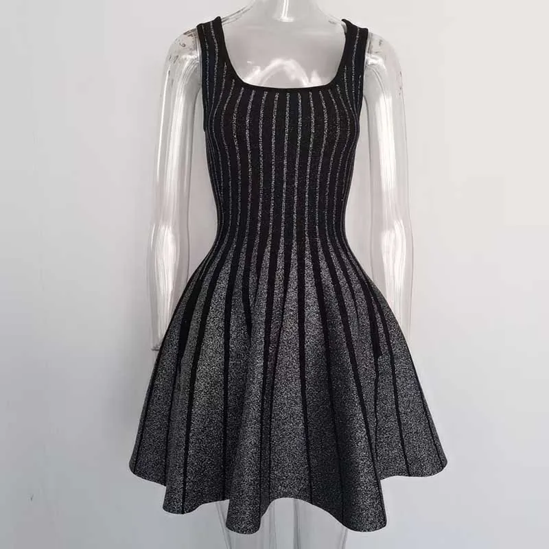 Knitted Mini Little Black Dress Square-Neck Sleeveless Slim Fit Short A-Line Dress