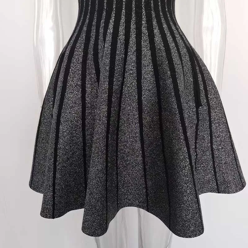 Knitted Mini Little Black Dress Square-Neck Sleeveless Slim Fit Short A-Line Dress