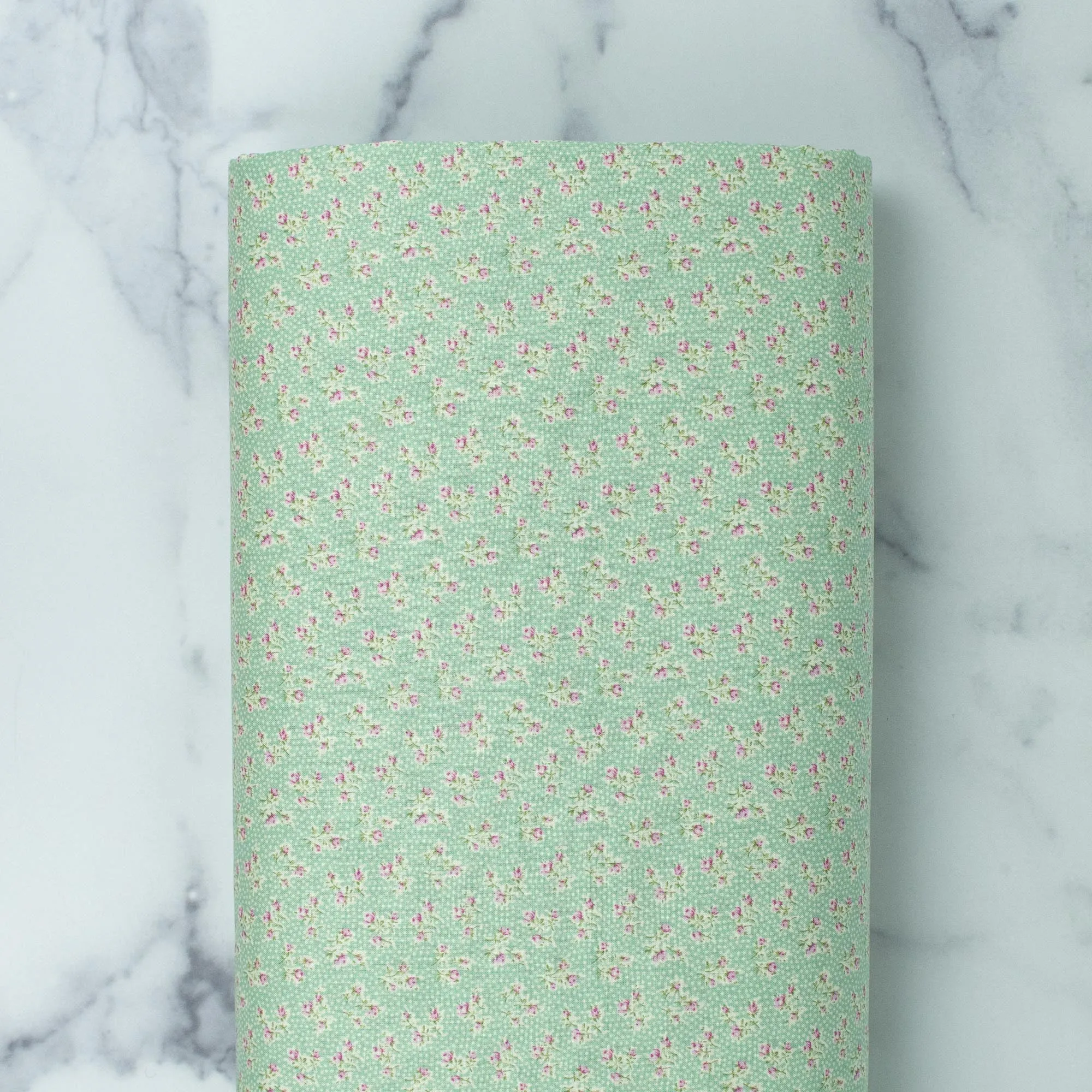 Love at First Sight Collection - Romantic Tiny Flowers and Polka Dots - Purple Roses on Green Background