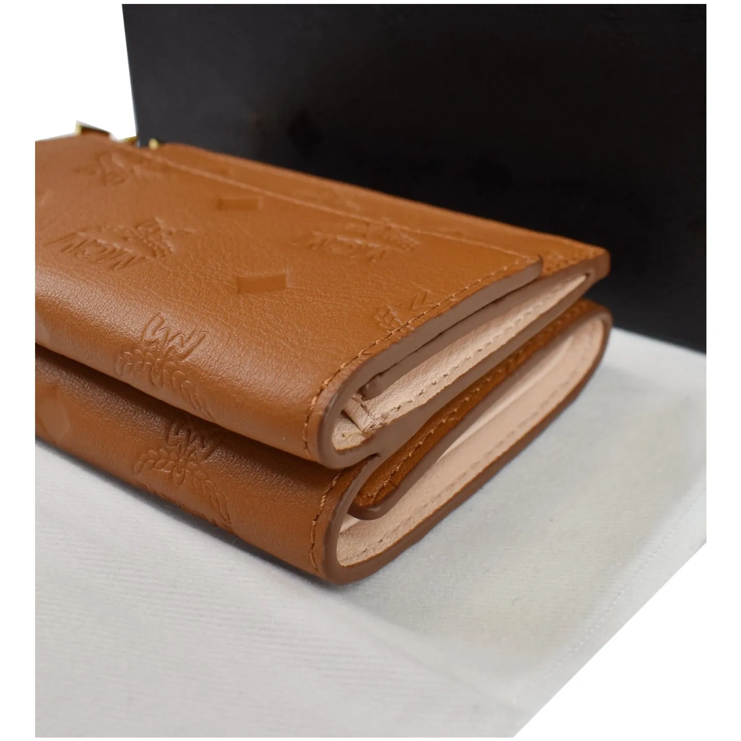 MCM Klara Trifold Mini Monogram Leather Charm Wallet Cognac