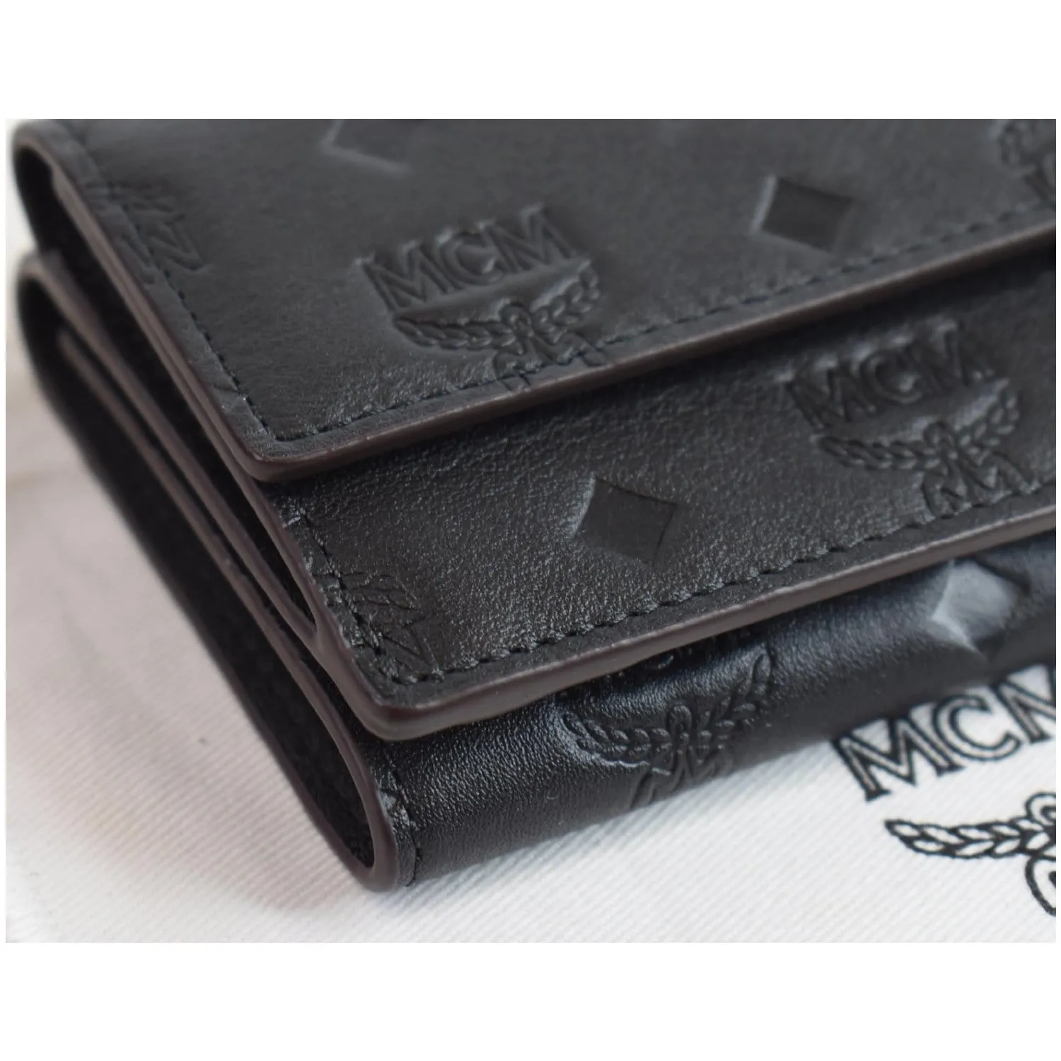 MCM Mini Klara Monogram Leather Tri-Fold Charm Wallet Black
